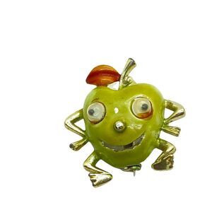 Googley Eye Green Apple Jewelry Brooch Pin Vintage 1950s Womens Gold Tone